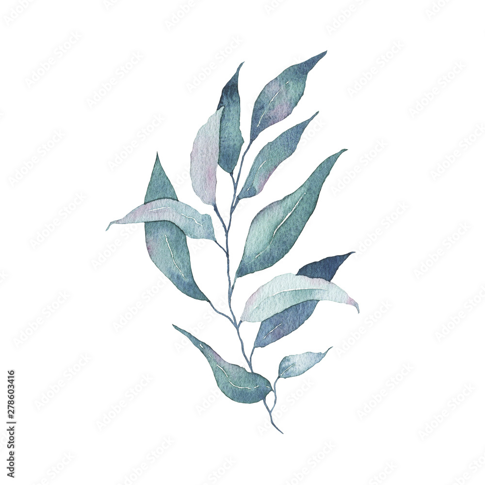 Watercolor tropical greenery floral leaf plant forest herb spring - obrazy, fototapety, plakaty 