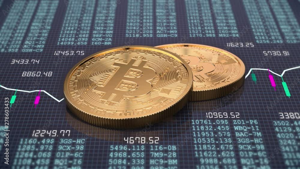video animation of two golden bitcoin on trading chart background. Physical bit coin - Digital currency - Cryptocurrency