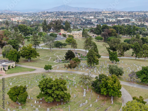 Aerial view of Greenwood Memorial Park & Mortuary. Memorial statue, funeral, cemetery, cremation in San Diego, California, USA