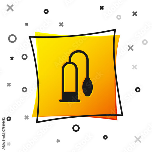 Black Penis pump icon isolated on white background. Penis enlarger. Sex toy for men. Vacuum pump with a blower to increase the penis. Yellow square button. Vector Illustration
