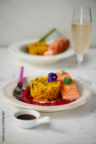 Salmon with rice and beetroot sauce..style hugge