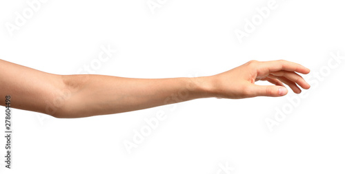 Young woman holding hand on white background, closeup photo