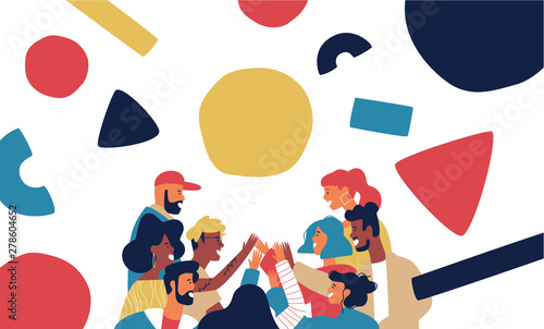 Happy friend group high five with geometry shapes