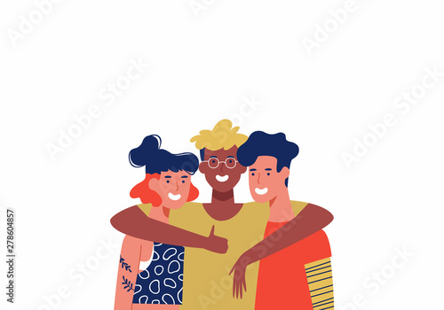 Three Happy friends in group hug isolated