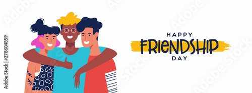Friendship Day banner of three friends group hug