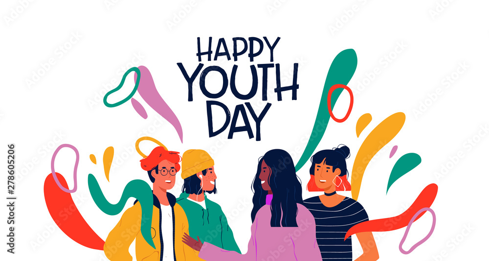 Happy youth day card of diverse teen friend group - obrazy, fototapety, plakaty 