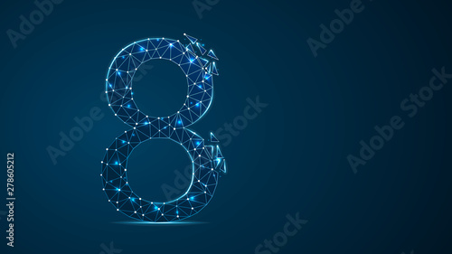 number eight 2D low poly abstract illustration consisting of points, lines, and shapes in the form of planets, stars and the universe. Vector digit 8 wireframe concept.