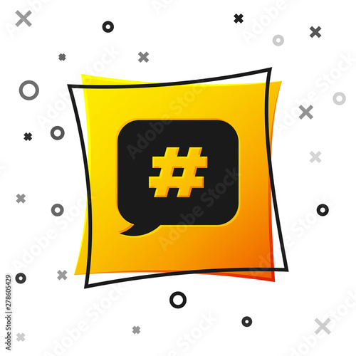 Black Hashtag speech bubble icon isolated on white background. Concept of number sign, social media marketing, micro blogging. Yellow square button. Vector Illustration