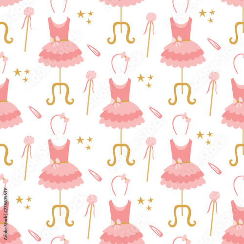 Seamless pattern of pink ballerina tutu dresses on mannequins, hair bands, stars, and magic wands