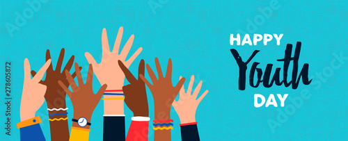 Happy Youth Day card of diverse teen hand group