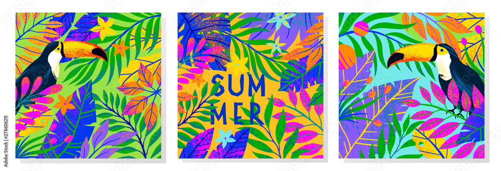 Set of summer vector illustrations with tropical leaves,flowers and ...