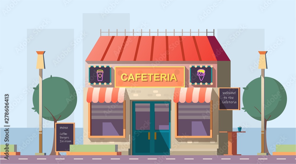Roadside cafeteria or road cafe building with menu banner, neon glowing signboards and outdoor table stand at wayside in day time. Coffeeshop for car traveling people. Cartoon vector illustration Roadside cafeteria or road cafe building with menu banner, neon glowing signboards and outdoor table stand at wayside in day time. Coffeeshop for car traveling people. Cartoon vector illustration