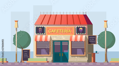 Roadside cafeteria or road cafe building with menu banner, neon glowing signboards and outdoor table stand at wayside in day time. Coffeeshop for car traveling people. Cartoon vector illustration