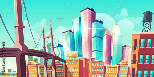 Modern city metropolis growth, street view with bridge, old buildings and modern futuristic architecture glass towers skyscrapers rising to sky, airplane flying in clouds, cartoon vector illustration