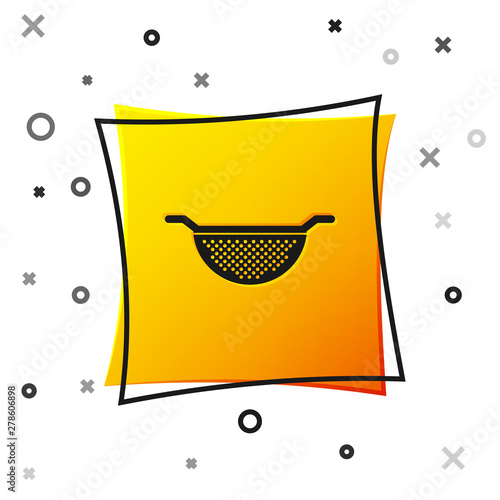 Black Kitchen colander icon isolated on white background. Cooking utensil. Cutlery sign. Yellow square button. Vector Illustration