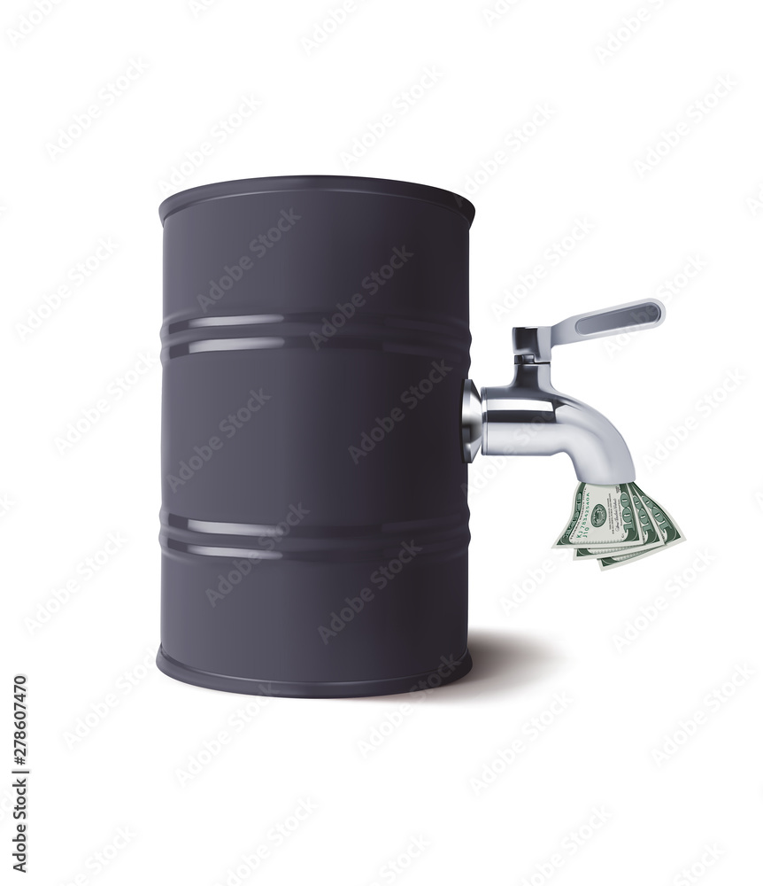Tap pouring dollars down the drain from barrel. Vector 3d illustration Tap pouring dollars down the drain from barrel. Vector 3d illustration