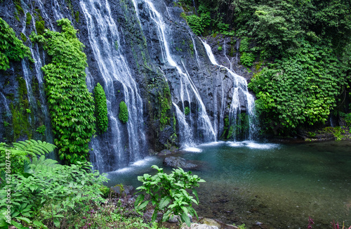 Banyumala waterfall with cascades among the green tropical trees and plants in the North of the island of Bali  Indonesia