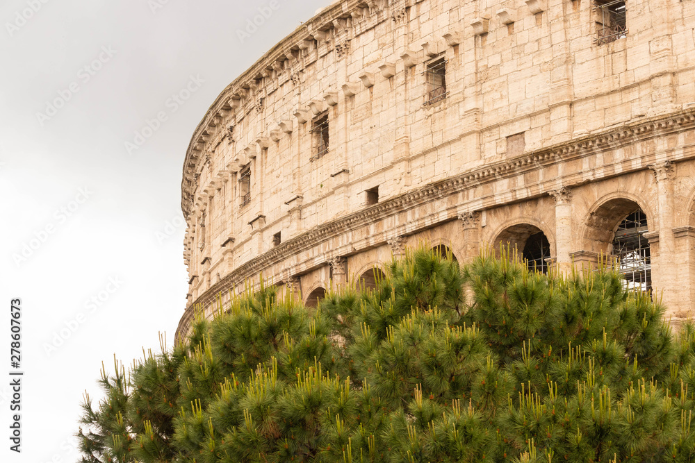 The upper tier of the Roman Colosseum close-up. Rome, Italy.