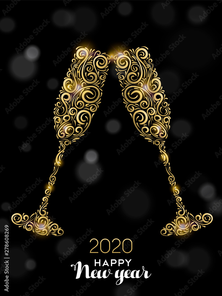 Happy New Year 2020 card of gold party drink - obrazy, fototapety, plakaty 