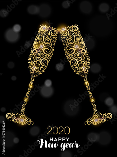 Happy New Year 2020 card of gold party drink