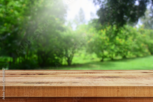 Empty wooden table and blurred nature garden background. 