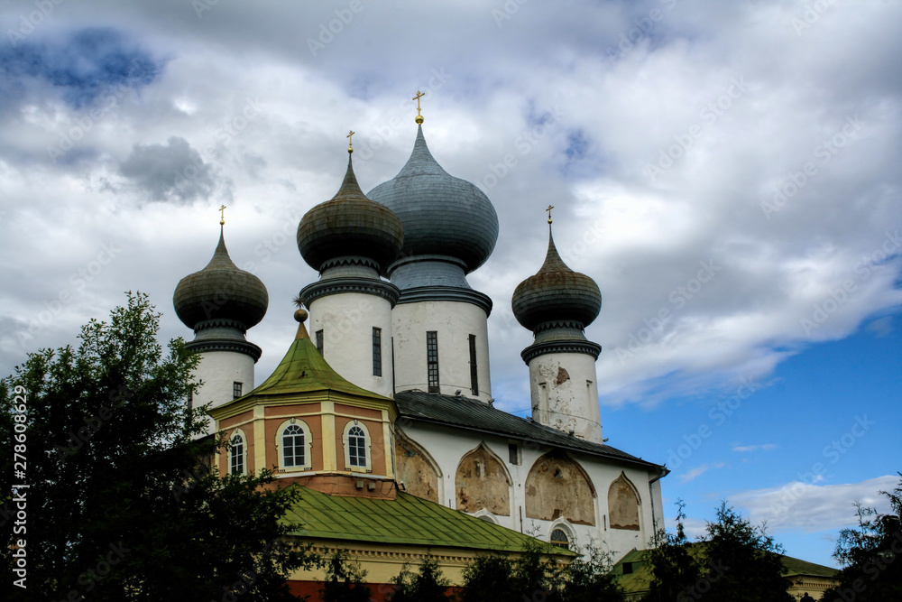 Orthodox church on a cloudy day. Church of the Dormition of Tikhvin Monastery built in 1581 