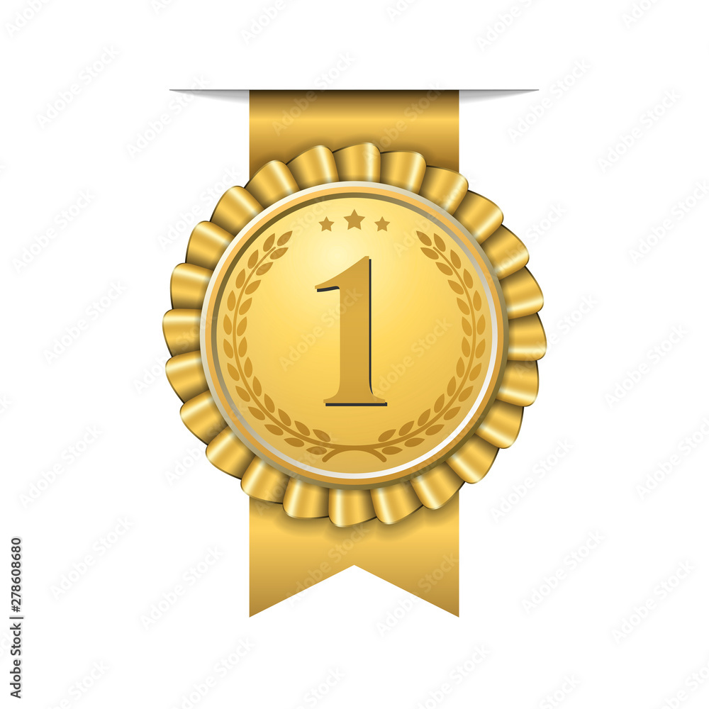 Award ribbon gold icon number first. Design winner golden medal 1 prize.  Symbol best trophy, 1st success champion, one sport competition honor,  achievement leadership, victory. Vector illustration Stock Vector | Adobe  Stock