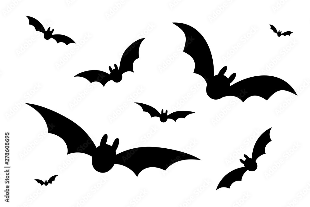 Bats icon set. Bat black silhouette with wings isolated white background. Symbol Halloween holiday, mystery cartoon dark vampire, night flyin element. Spooky scary flat design. Vector illustration