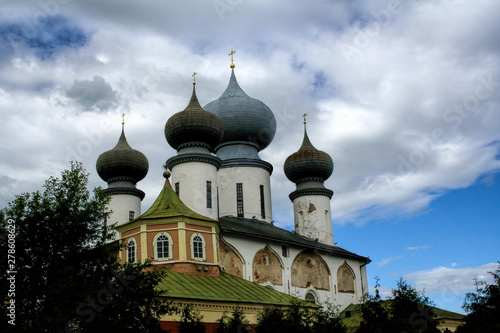 Orthodox church on a cloudy day. Church of the Dormition of Tikhvin Monastery built in 1581 