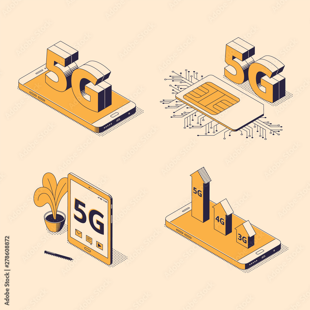 Obraz premium 5G isometric vector illustration set with various digital gadgets with big sign of fifth generation.