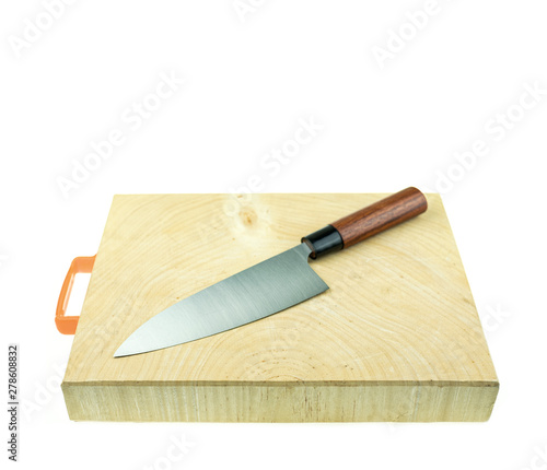 Japanese kitchen deba knife and wood butcher block countertop