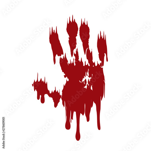 Bloody hand print isolated white background. Horror scary blood dirty handprint, fingerprint. Red palm, fingers, stain, splatter, streams. Symbol horror zombie, murder, violence. Vector illustration