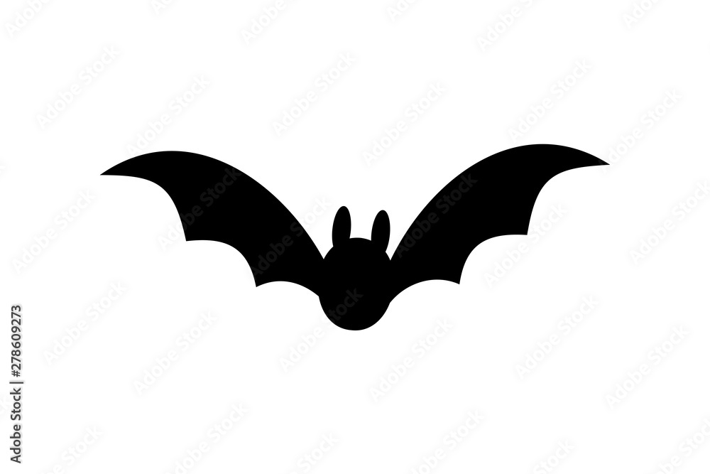 Naklejka premium Bat icon. Bat black silhouette with wings isolated white background. Symbol Halloween holiday, mystery dark vampire, night flyin element. Spooky scary flat design. Cartoon batman. Vector illustration