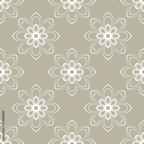 Floral vector ornament. Seamless abstract classic background with white flowers. Pattern with repeating floral elements. Ornament for fabric, wallpaper and packaging
