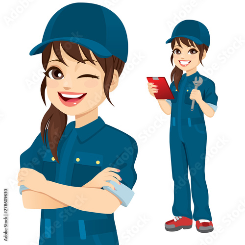 Professional female mechanic character holding clipboard and wrench tool standing and with crossed arms closeup