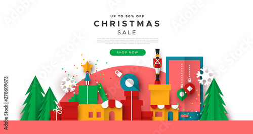 Christmas web sale template of papercut toy city