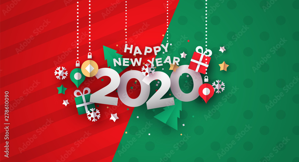 New Year 2020 card of 3d holiday paper icons - obrazy, fototapety, plakaty 