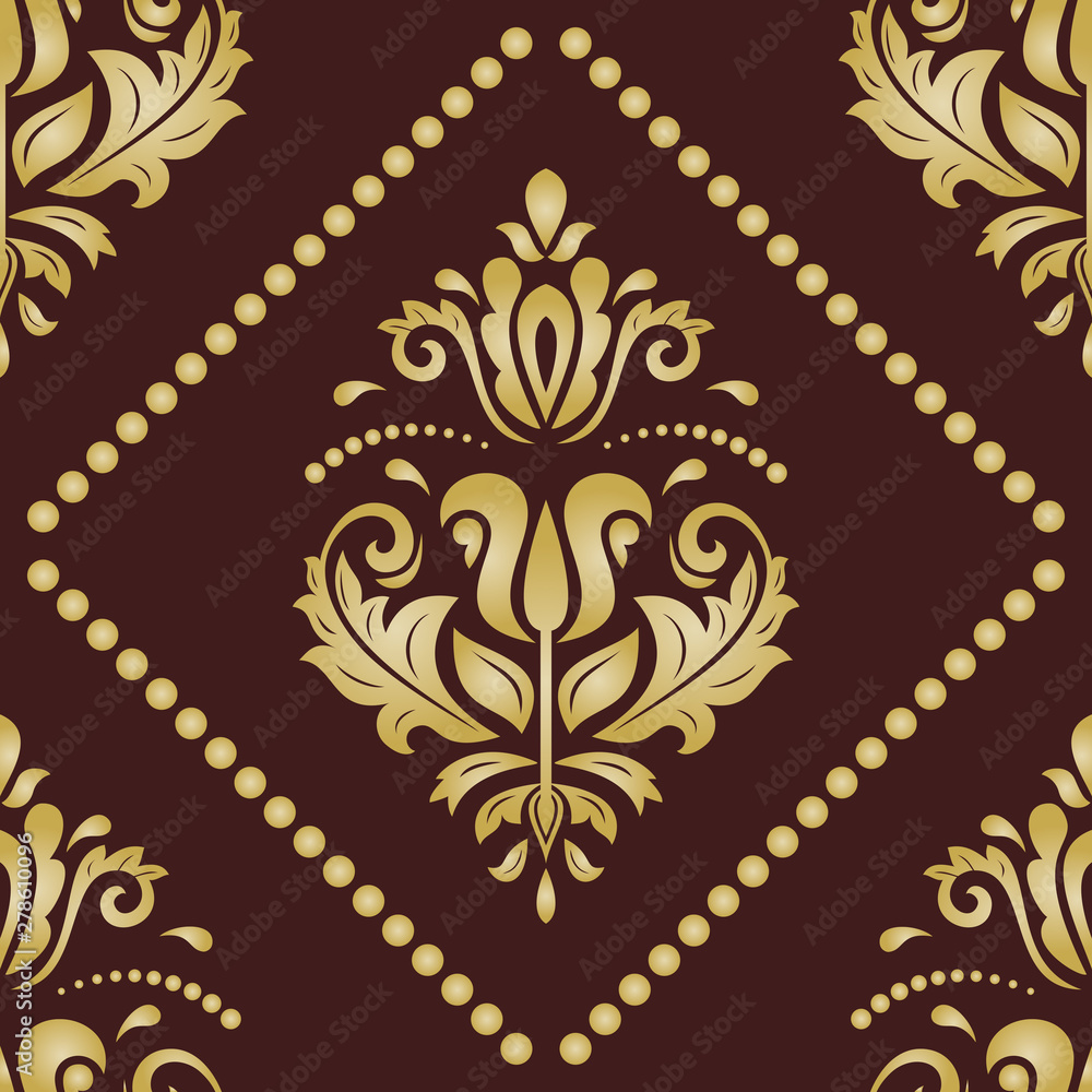 Classic seamless vector pattern. Damask orient ornament. Classic vintage brown and golden background. Orient ornament for fabric, wallpaper and packaging Classic seamless vector pattern. Damask orient ornament. Classic vintage brown and golden background. Orient ornament for fabric, wallpaper and packaging