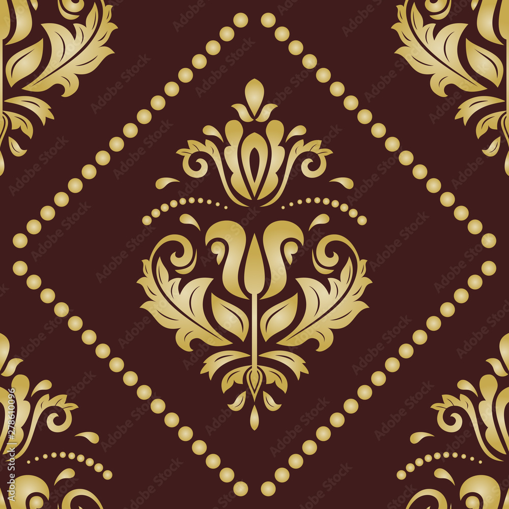 Classic seamless vector pattern. Damask orient ornament. Classic vintage brown and golden background. Orient ornament for fabric, wallpaper and packaging