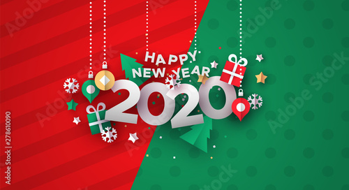 New Year 2020 card of 3d holiday paper icons