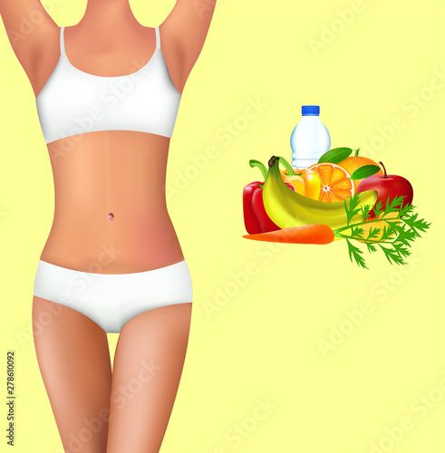 Woman body with healthy food. vector