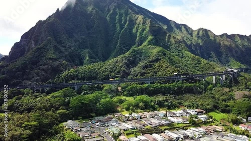 Aerial of Highway Bridges Under Haiku Stairs in Kaneohe, Oahu Island, Hawaii photo