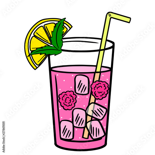 Lemonade glass with slice of lemon and raspberries. Hand drawn vector illustration. Cartoon style. Isolated on white background. Print for design t-shirt, poster, banner