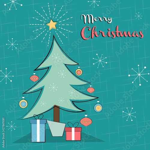 Merry Christmas card of retro pine tree with gifts