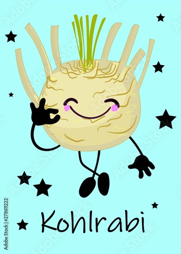 Vector Cartoon Kohlrabi Cabbage.Fresh kohlrabi with green leaves on isolated white backround.
