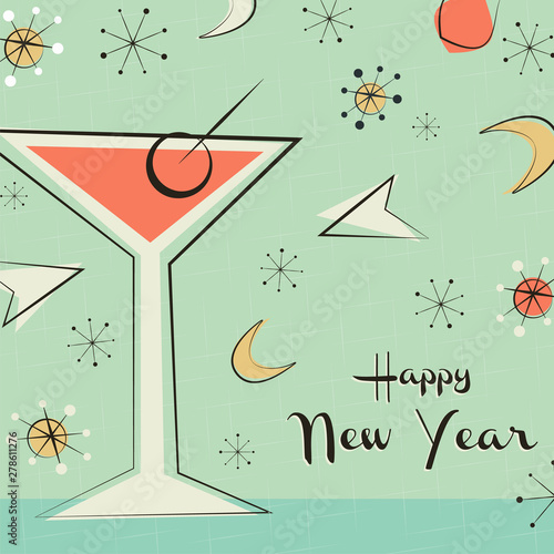 New Year card of retro mid century party drink