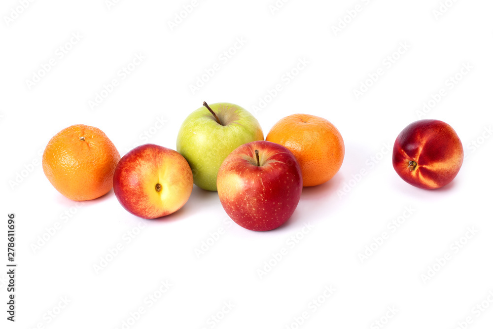Three red bald peaches n abelom background. Peaches close up red color. Two juicy orange tangerine, citrus, on a white background. Three red bald peaches n abelom background. Peaches close up red color. Two juicy orange tangerine, citrus, on a white background.