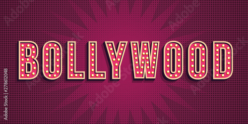 Bollywood word on gradient background. Indian cinema poster with text and spot light, Indian cinematography. film event poster. Typography design, font bright glowing decoration