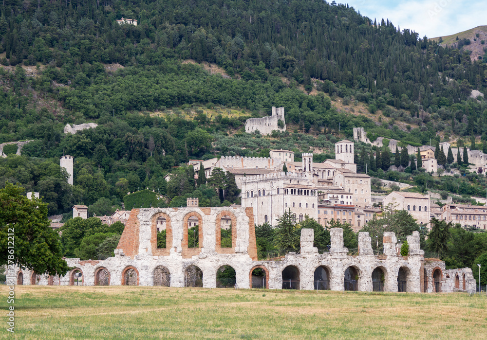 Fototapeta premium Gubbio, Italy. Amazing view of the ruins of the Roman theater and the city. It is one of the most beautiful small town in Italy