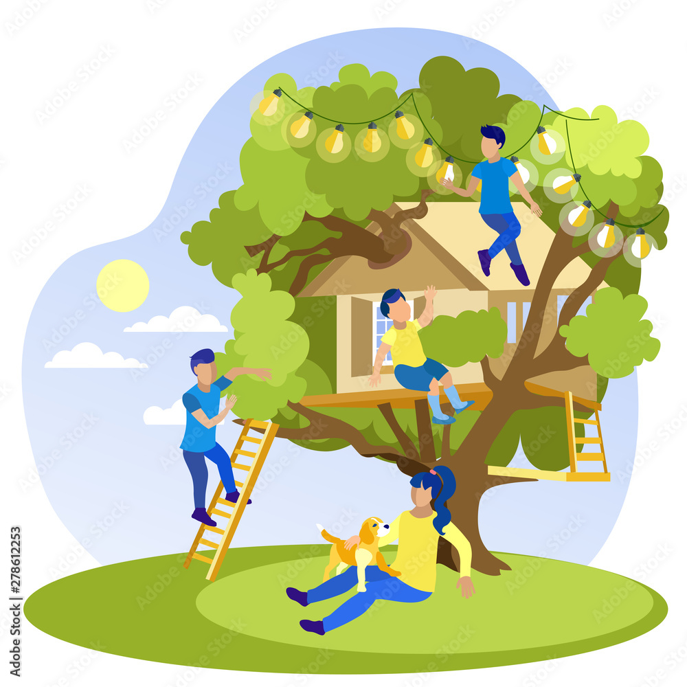 Happy Brothers Having Fun on Tree House Cartoon Happy Brothers Having Fun on Tree House Cartoon